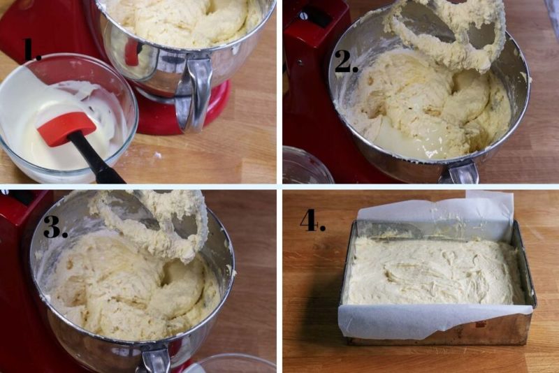 Step two of making a white chocolate cake. 4 pictures showing the steps