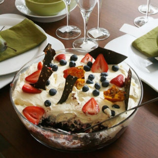 Brownie Trifle with mascarpone and raspberries