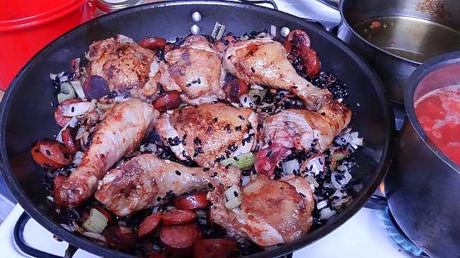 Chicken Chorizo Paella in a pan