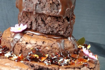 Brownie Cake stacked with chocolate and praline
