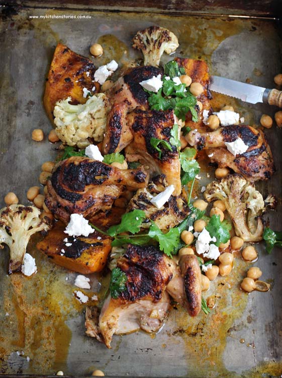 barbecued Spatchcock with Pumpkin, cauliflower and chickpeas