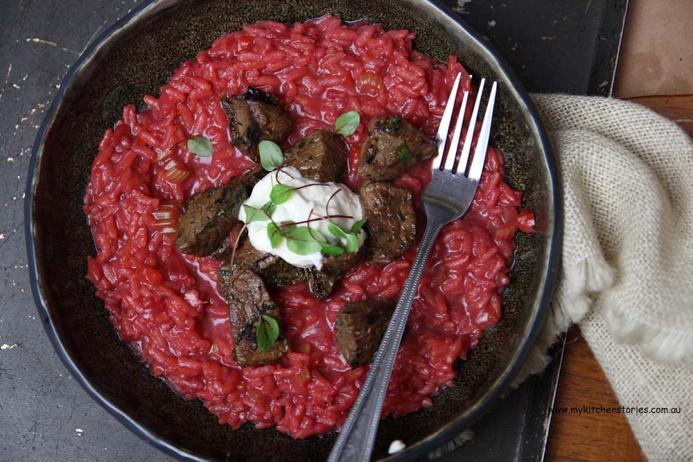Beef, beetroot and horseradish risotto