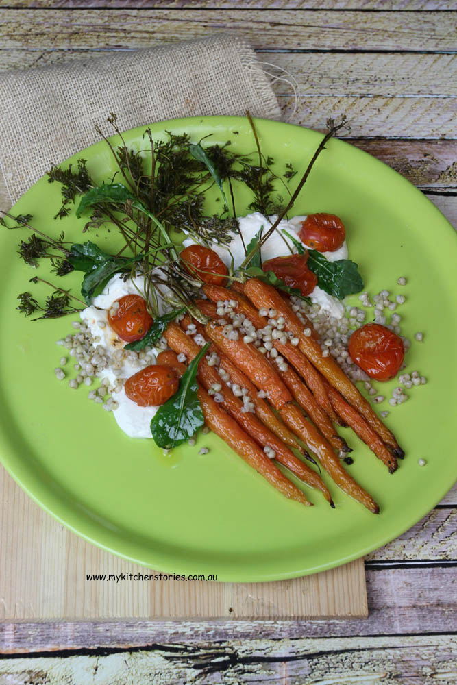 Carrot, goat cheese and baby kale- roast tomatoes.