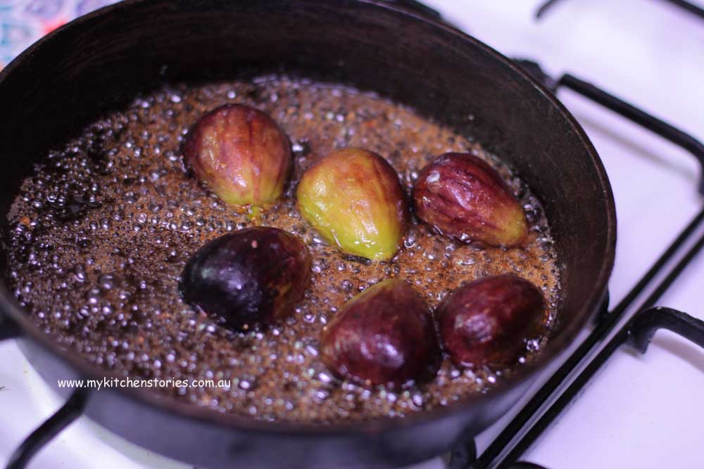 Baked Ricotta Chocolate with honeyed figs in a frypan