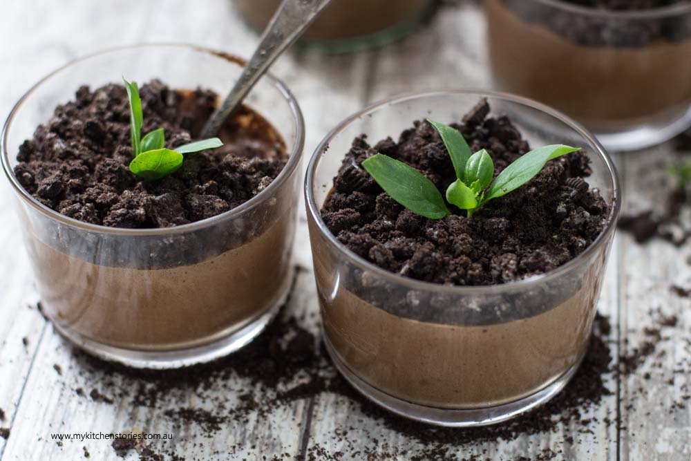 Chocolate mousse in little flowerpots