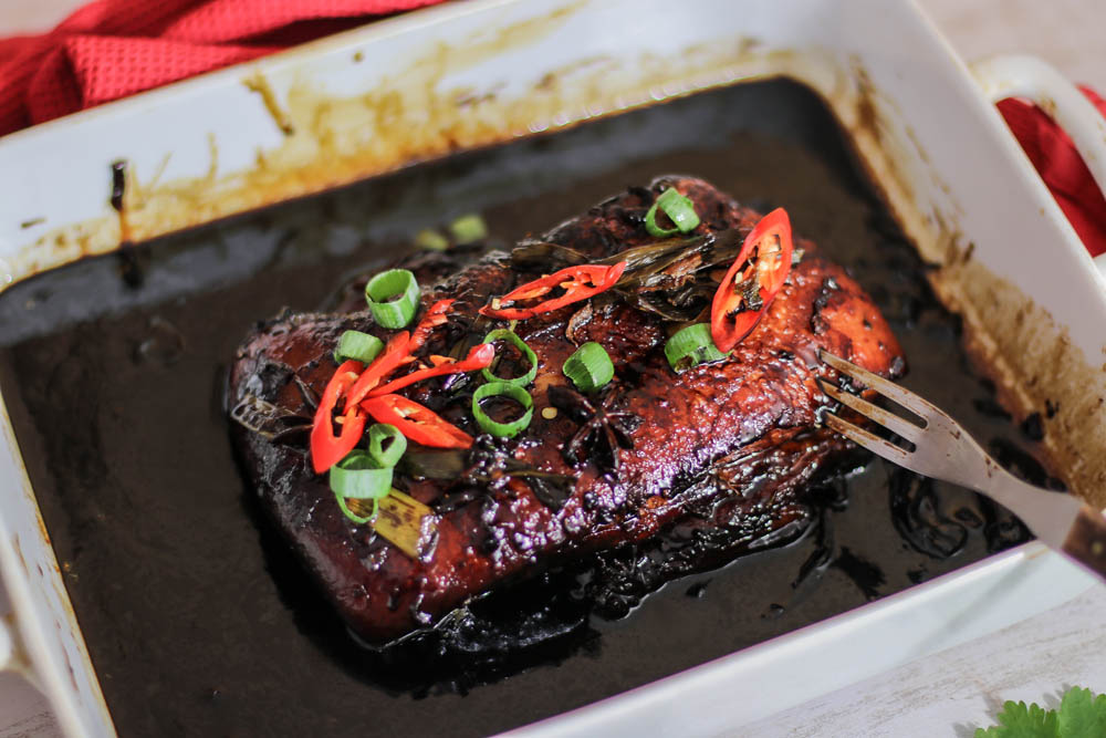 Whole Braised Pork Belly Black Vinegar in a dish
