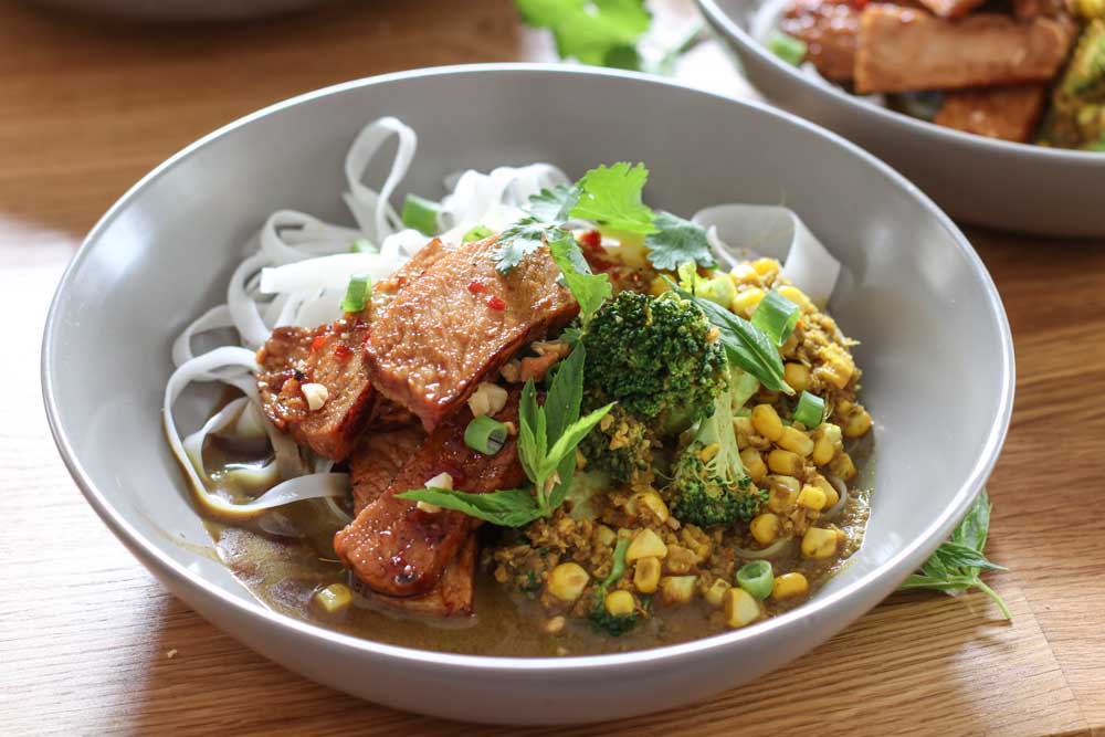 Chilli caramel Pork with noodles and corn