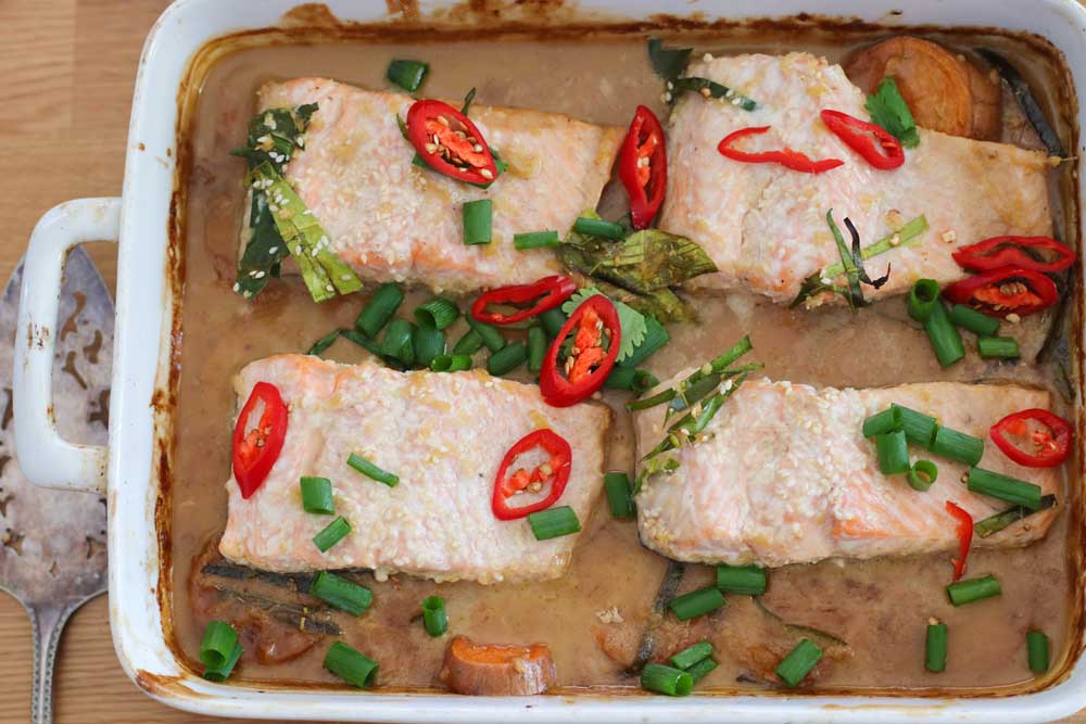 Salmon Tray Bake salmon with soy and Lime