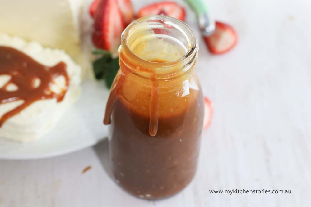salted caramel sauce in a jar with ice cream
