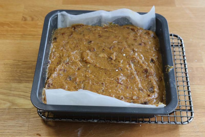 date pudding in a square baking dish