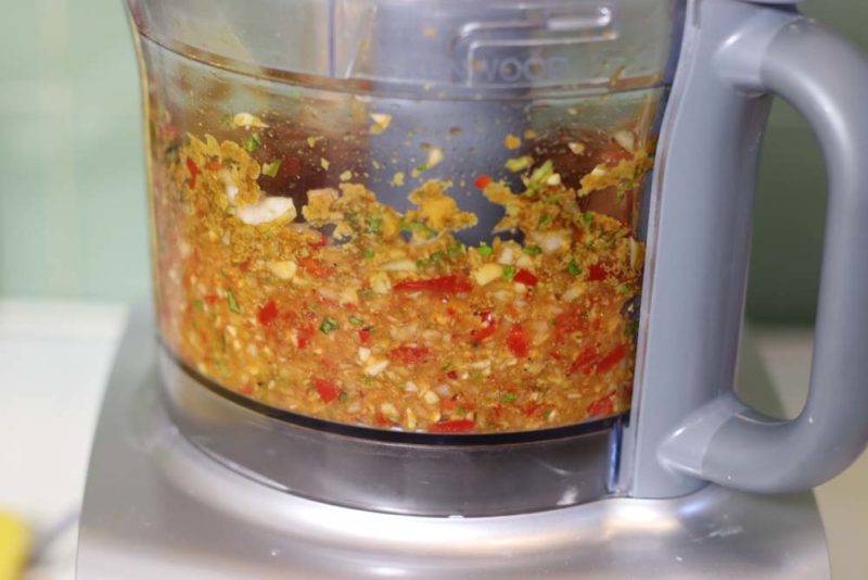 A base paste of chilli in the food processor