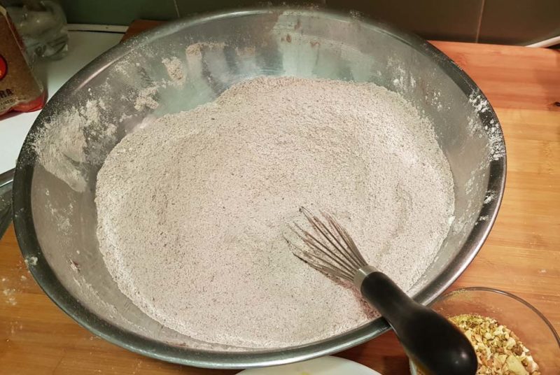 Dry ingredients for chocolate cookies in a bowl