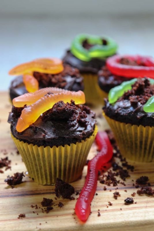 Cupcakes made to look like dirt and worms
