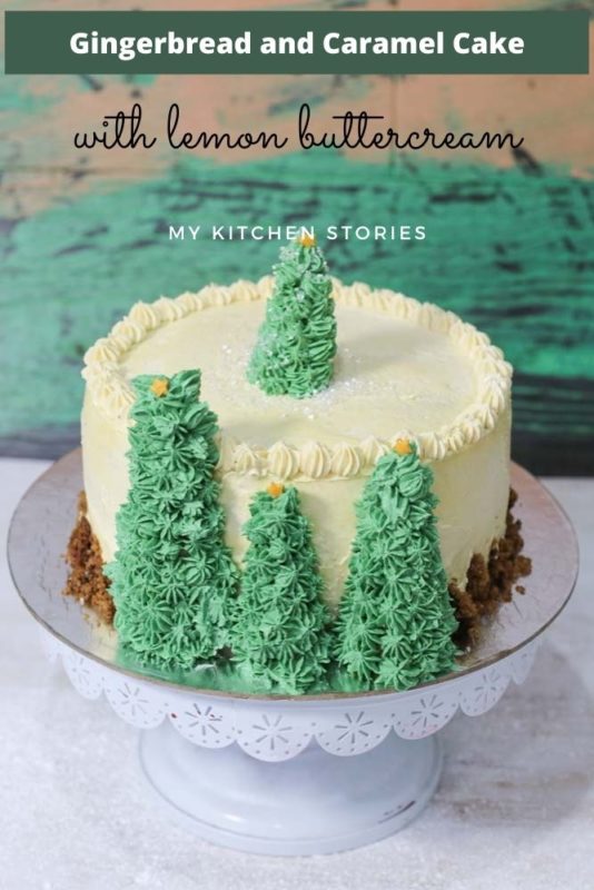 Christmas gingerbread cake with white buttercream and little christmas trees My Kitchen Stories