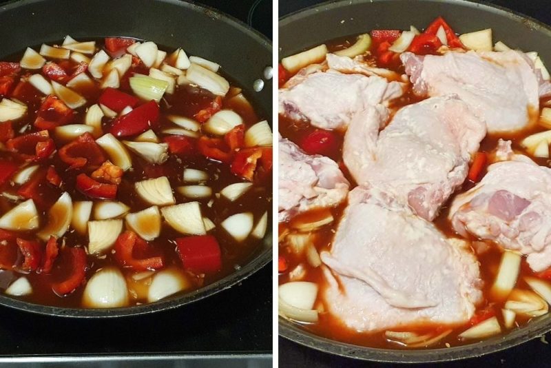 Sweet and sour sauce and chicken in a pot