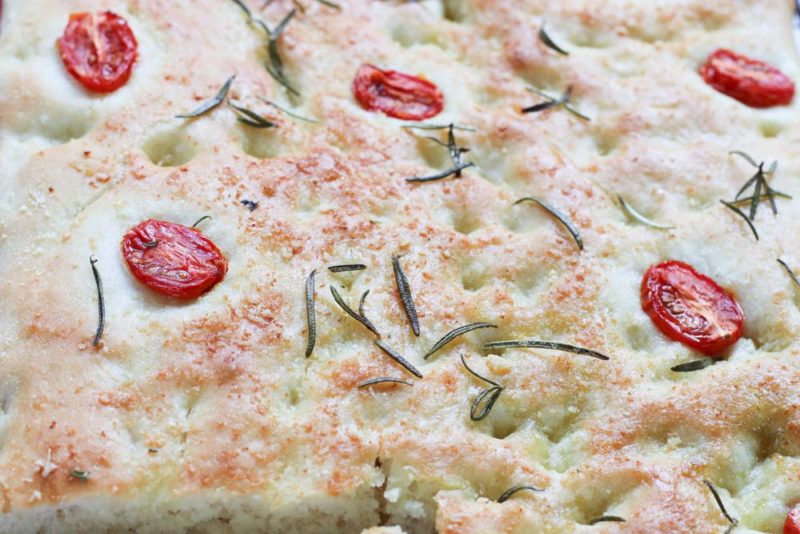 A closeup picture of baked focaccia