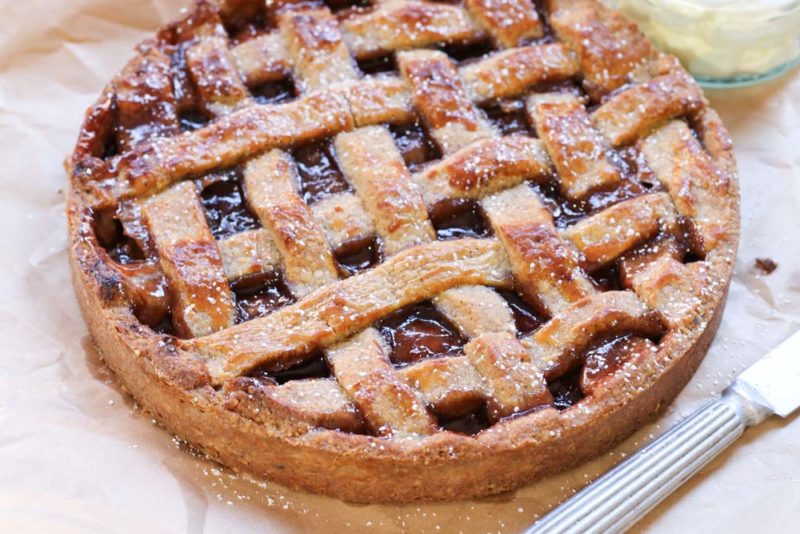 A Linzer Torte close up with lattice pastry