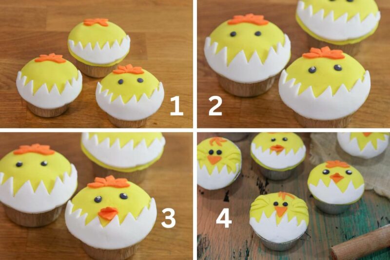 finishing and icing Chick cupcakes