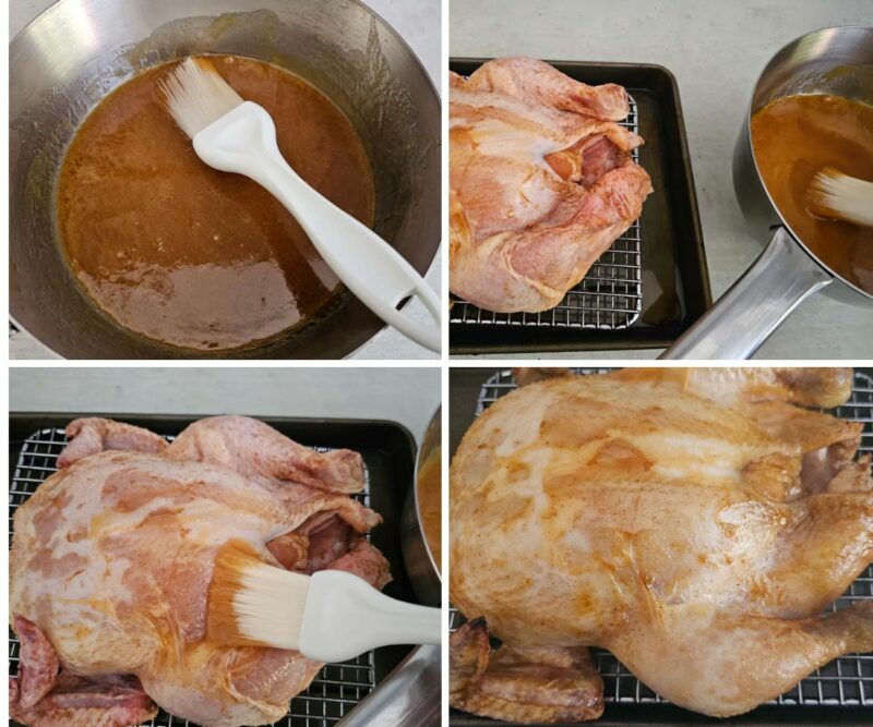 basting a chicken with miso maple and butter