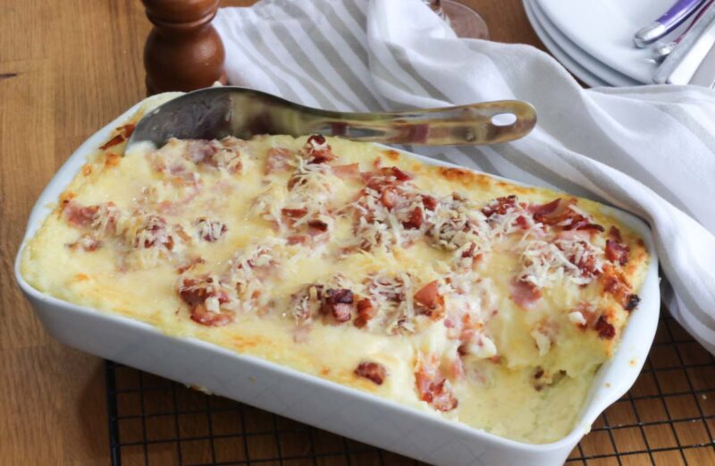Potato-mashed-with-bacon-in-a-casserole-dish.