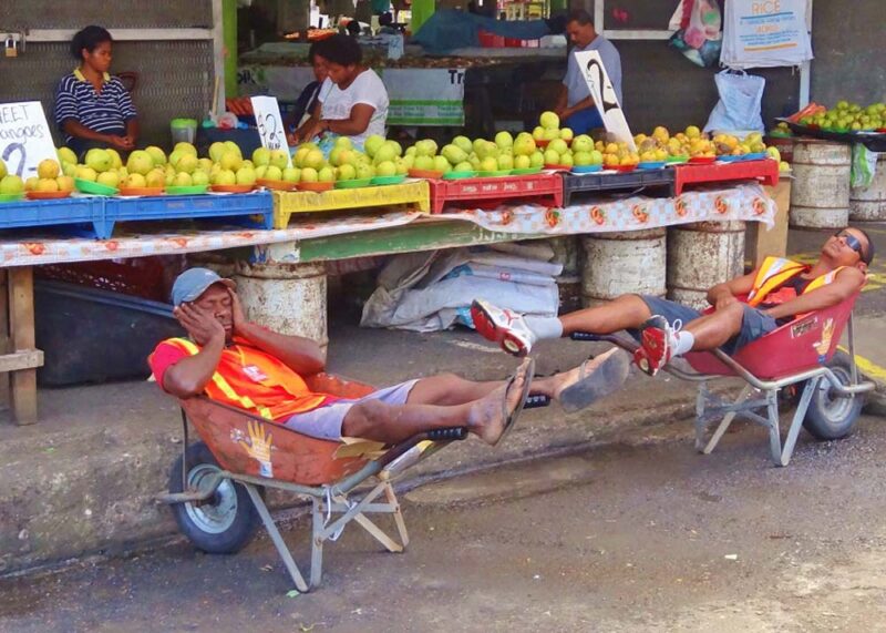 Fijian-men-in-sleeping-in-wheelbarrows. What does normality after travel look like